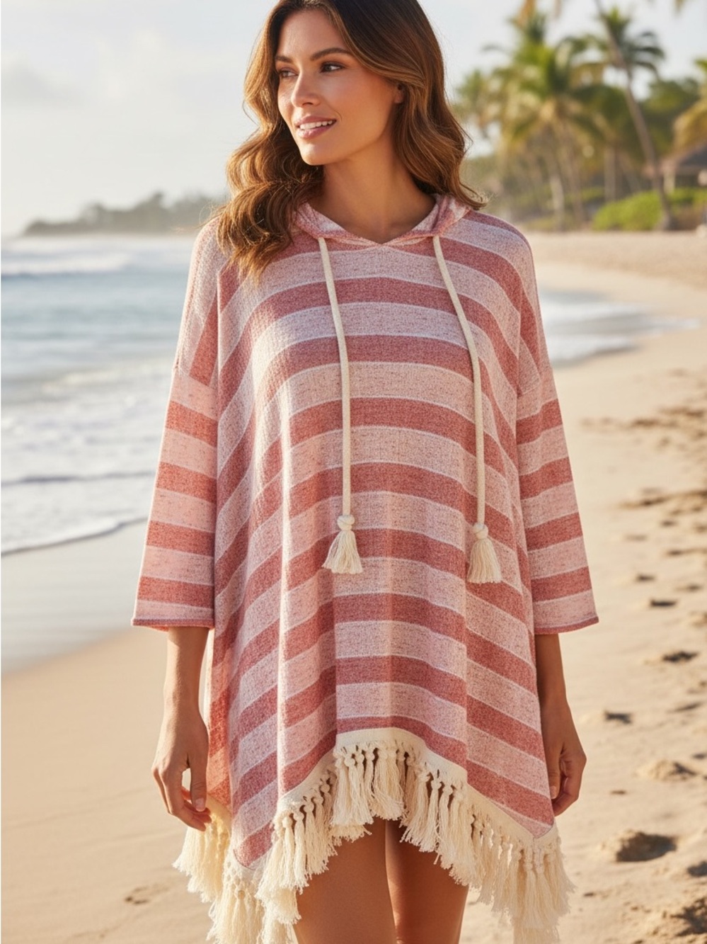 Orange Creek Flax Striped Hooded Tunic w/ Fringe